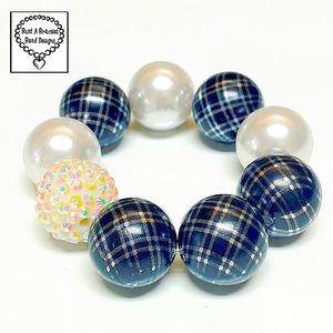 Handmade Girls Black Plaid & Pearl Bracelet Stretch Handmade Dressy Glam Jewelry